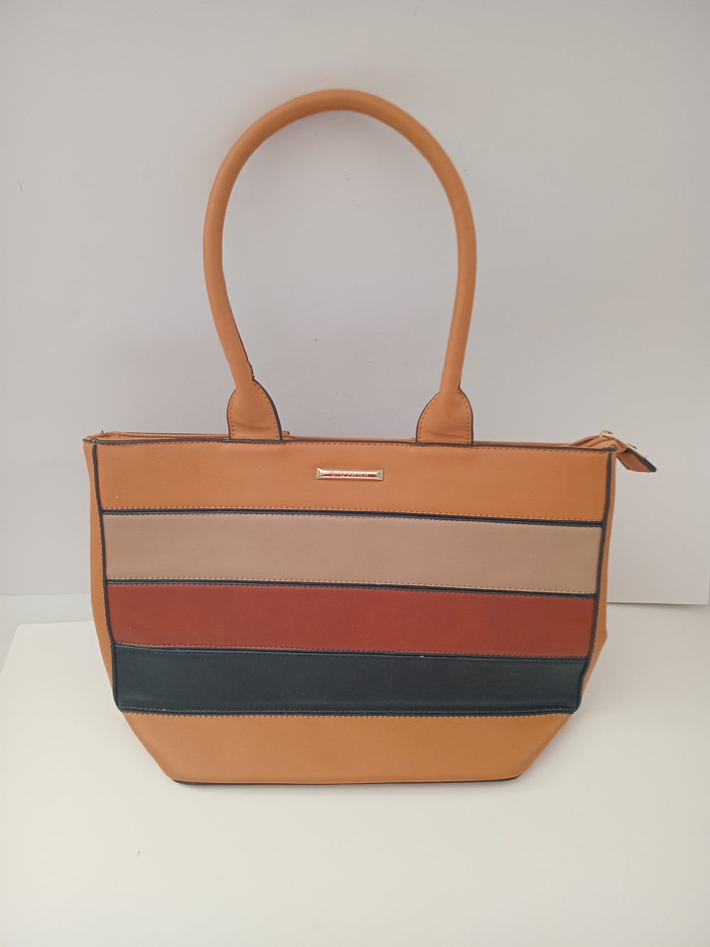 Giovana Retro Colorblock Tote Handbag Brown Rust Black Shoulder Bag
